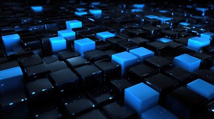 Obraz premium Abstract Digital Art of Glossy Black and Blue Cubes Illuminated with Neon Light Creating a Futuristic Grid Pattern with Depth of Field and Bokeh Effect