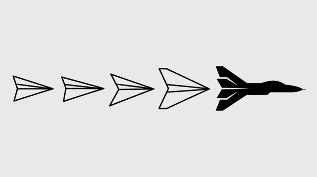 Line art origami plane morphing to aircraft - for startup growth design
