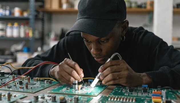 Electronics specialist examines circuit board prototypes on workbench testing solder joints and component placement for earlystage validation.
