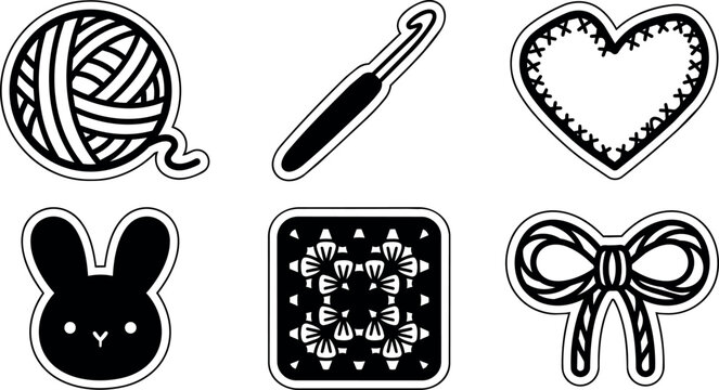 Black and white line art crochet hooks yarn heart bunny and floral square icons