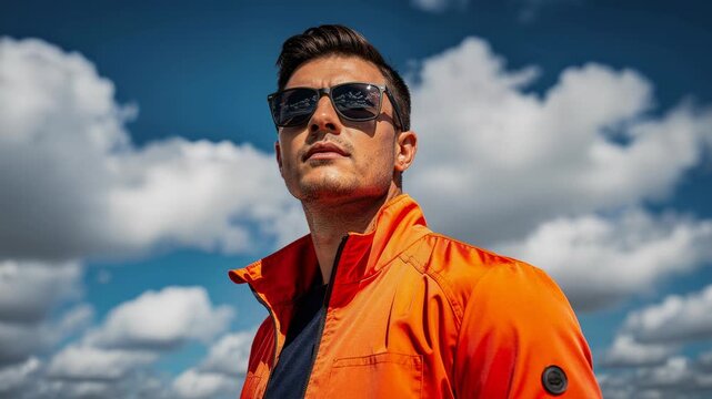 Confident young man wearing sunglasses and bright orange jacket under blue sky with clouds