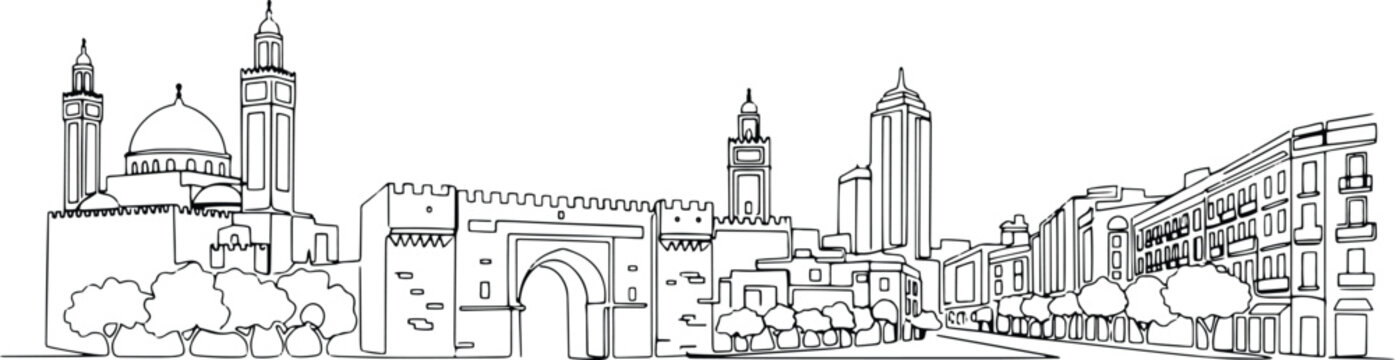 Continuous single line drawing of Tunis skyline, Tunisia city landmark outline