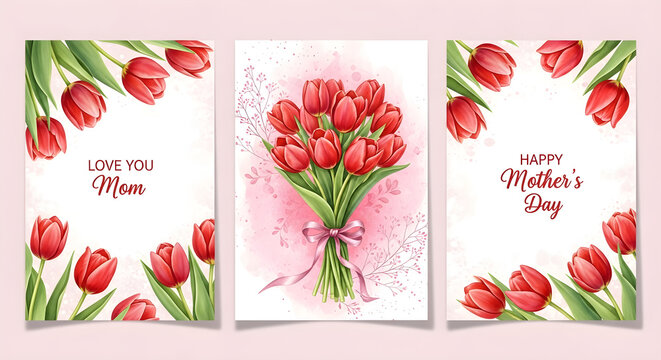 Triptych of floral mother's day cards with vibrant red tulips