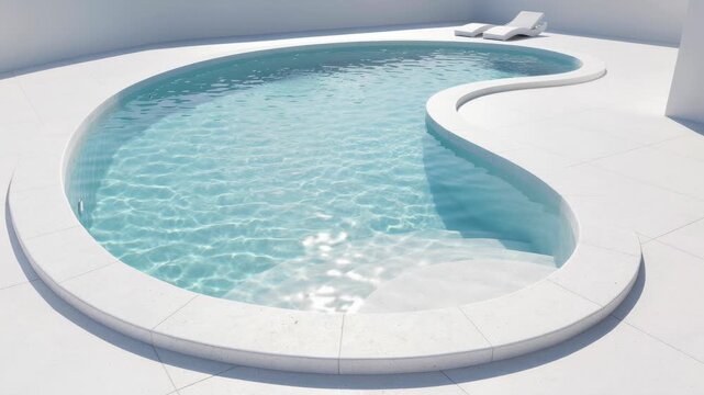Modern kidney shaped outdoor swimming pool with clear water and white lounge chairs in minimalistic setting
