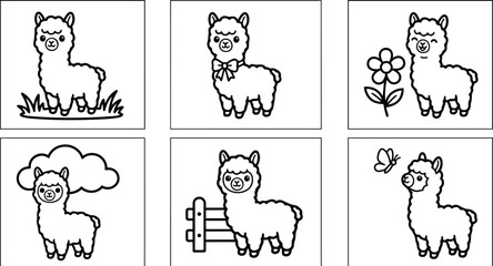 Fototapeta premium Cute line art close up of smiling alpaca standing with bow and flower farm elements coloring book page set simple black and white playful friendly