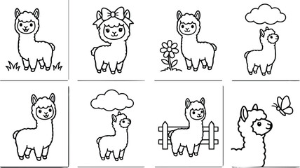 Fototapeta premium Cute alpaca coloring book pages set with bow close up front view side profile flower cloud fence butterfly smiling standing simple line art for coloring books