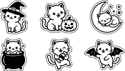 Obraz premium Black and white halloween cats with pumpkin witch hat and bat wings vector art
