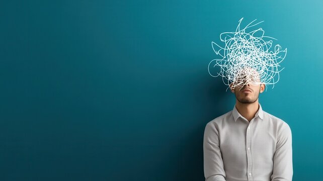 Man's face covered by tangled white cables, feeling overwhelmed by information overload and confusion digital