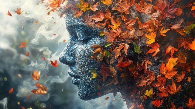 Woman's profile crafted from stones and autumn leaves, representing nature, transformation, and seasons changing