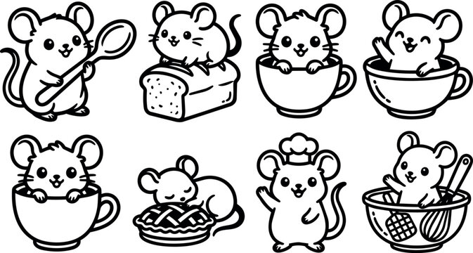Cute black and white line art mice with kitchen utensils and food items