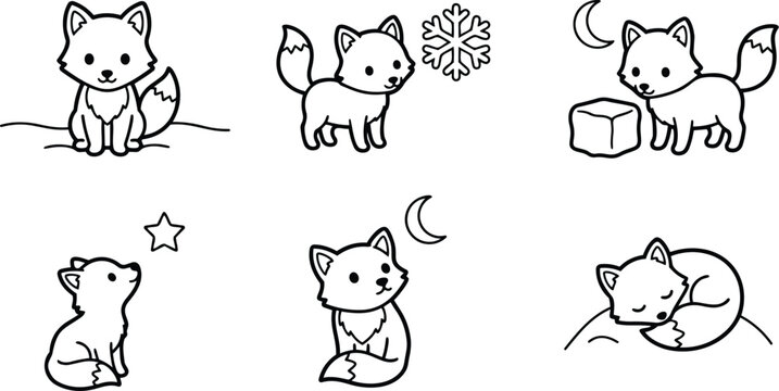 Cute line art fox characters in multiple poses sitting standing looking at moon sleeping curled playing simple outlines for coloring book pages and childrens activity sets