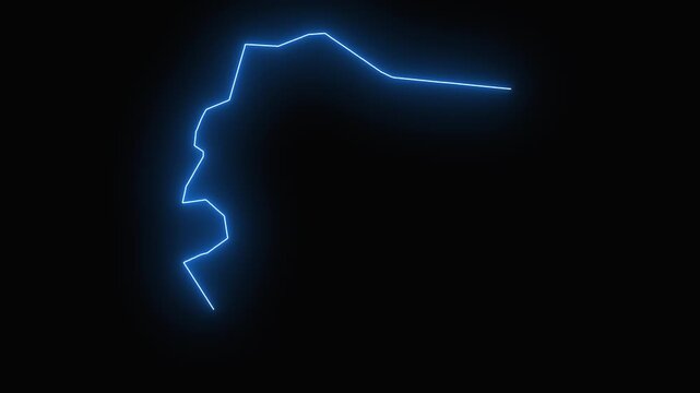 Dynamic animated outline map of Andorra appears with glowing blue neon light on black background abstract motion graphic