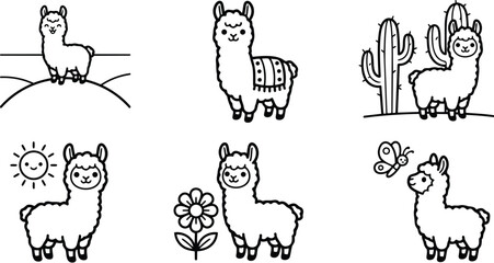 Fototapeta premium Minimalist vector coloring book page set six cute llama and alpaca line art scenes with cactus flower sun butterfly smiling characters simple outlines for kids animals