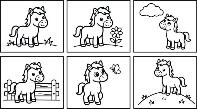 Cute pony coloring book panels six frame comic style simple line art showing pony looking at flower butterfly cloud fence hill smiling friendly playful outline bold