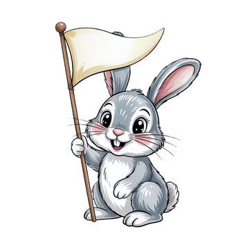 Cute gray bunny holding flag with happy expression sitting down