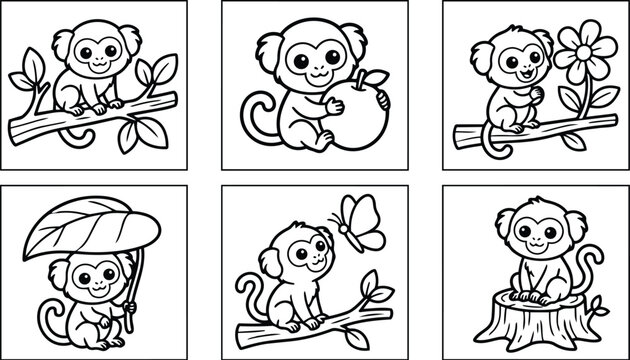 Coloring book style line art six panel monkey characters sitting climbing holding fruit and flower on branches simple outlines for kids activity sheet playful cute smiling