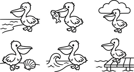 Obraz premium Vector art cute pelican characters in six coastal scenes line drawings for coloring book with beach shell fish wave pier cloud smiling pose front view simple