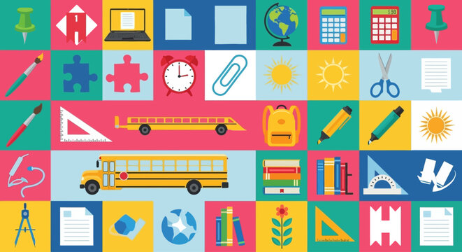 Vibrant educational icons fill a colorful collage on a digital hgfjd ai