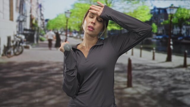 Woman holding a dumbbell and wiping her forehead after an outdoor workout on a tree lined canal street with bicycles and lampposts; exhaustion recovery.