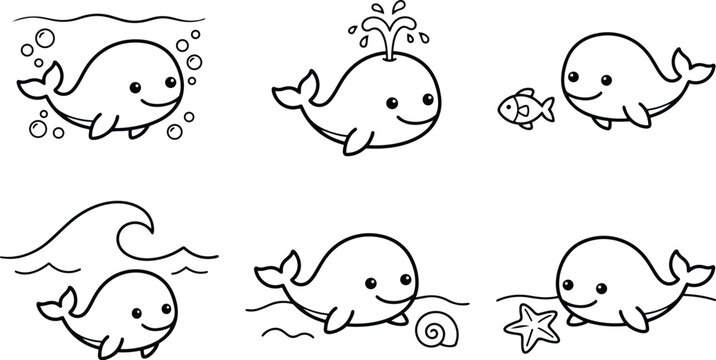 Cute line art vector sea whales set with simple outlines smiling characters large shapes for coloring book pages kids activity sheets thick bold friendly black white