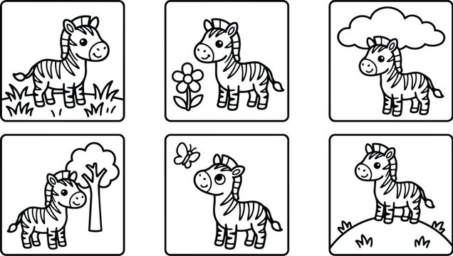 Vector coloring book page six square panels cute smiling zebra standing looking at flower and butterfly near tree and grass simple outline bold stroke playful designs