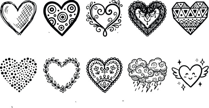 Hand drawn heart doodle vector pack twelve decorative heart outlines ornate patterns floral wreath tribal geometry cloud and wing heart suitable for coloring books adult pages