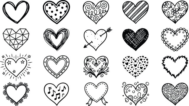 Black and white hand drawn heart doodles sheet with varied patterns arrows floral lace music motifs suitable for coloring books valentines day illustration vector art linework