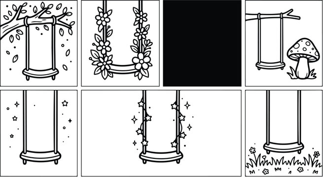 Hand drawn vector swing panels set showing seven square frames floral moon mushroom grass star details for childrens coloring book pages large playful simple outline designs
