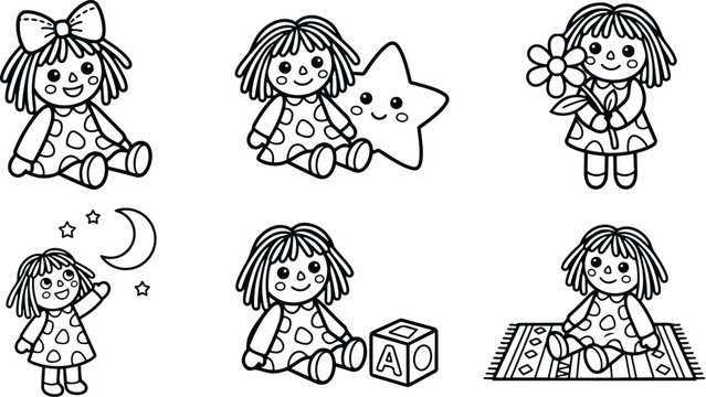 Coloring book style vector set of six rag doll illustrations sitting holding star flower block on rug moon and stars line art suitable for coloring books