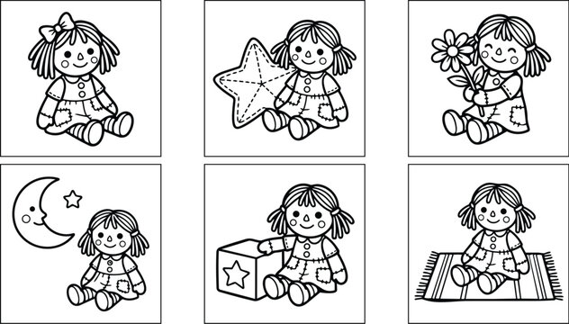 Cute rag doll coloring book vector art close up sitting with flower star moon block and rug simple line art for kids activity page printable playtime