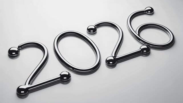 Abstract metallic fluid forming 2026 digits with reflections - for engineering visuals