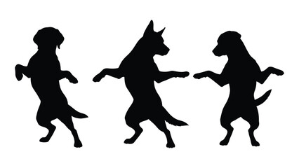 Three dogs in playful upright poses depicted as black silhouettes against white © MDMEHEDI