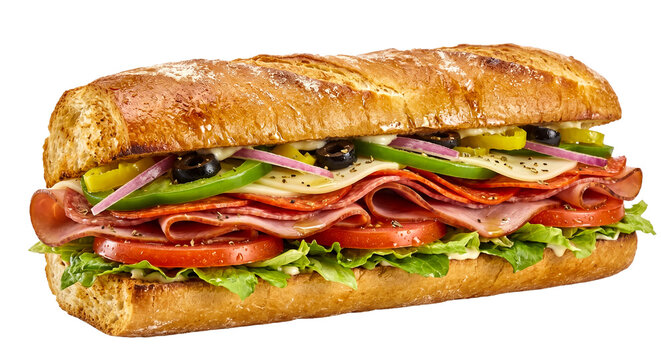 Subway-style sub sandwich isolated PNG, fresh deli sandwich with vegetables on transparent background for restaurant menu design