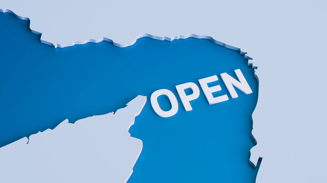 rait of Hormuz Open &mdash; Blue Highlighted Strategic Waterway on 3D Geographic Map with White Text Label &mdash; 3D Render of Persian Gulf Shipping Lane, Oil Supply 