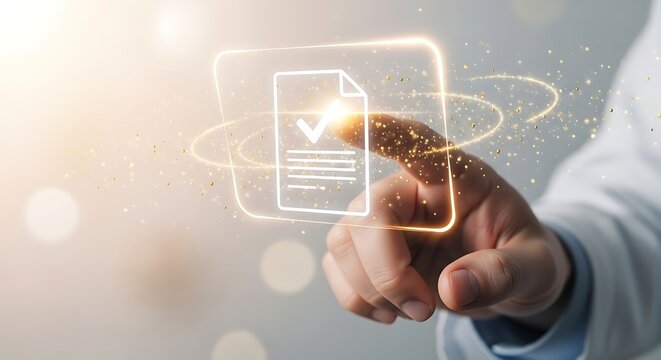 Tangan menyentuh ikon dokumen dengan tanda centang di layar digital futuristik