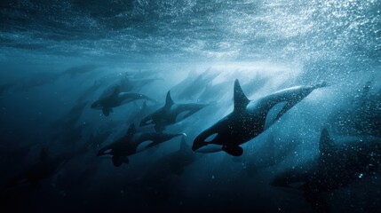 Fototapeta premium Pod of orcas swimming beneath Arctic sea ice, illuminated by filtered blue daylight, showcasing dramatic underwater wildlife in a cool monochrome palette