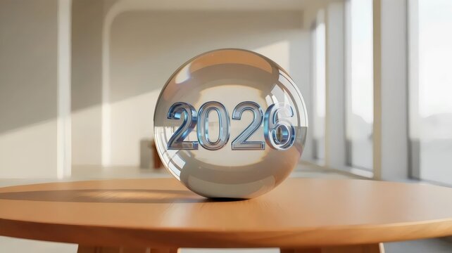 Floating glass sphere with luminous 2026 projection - for technology presentation content