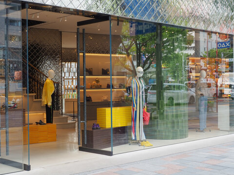 TOKYO, JAPAN - April 14, 2026: Detail of the front of a Loewe shop in Omotesando.