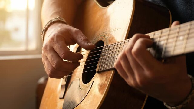 Close up of a person playing an acoustic guitar with sunlight streaming in.