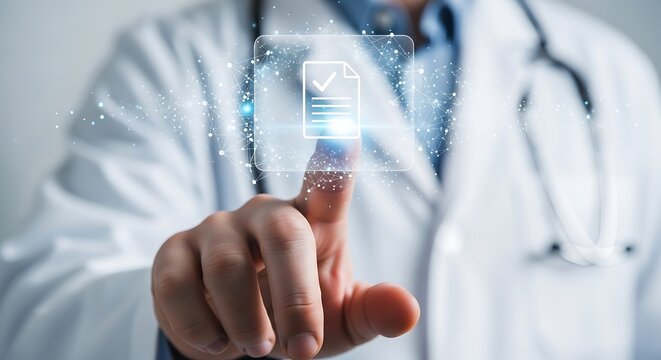 Dokter Menyentuh Ikon Dokumen Digital Dengan Tanda Centang Di Layar Virtual