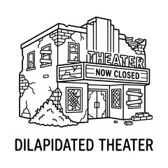 Naklejka premium Dilapidated Theater Building with Closed Sign and Damaged Exterior.