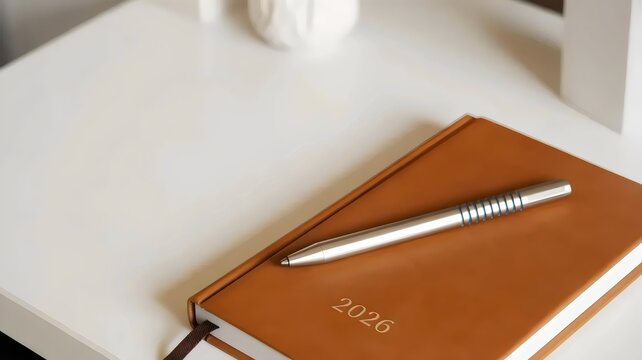 Sleek stylus and embossed journal on minimalist surface - for professional stationery