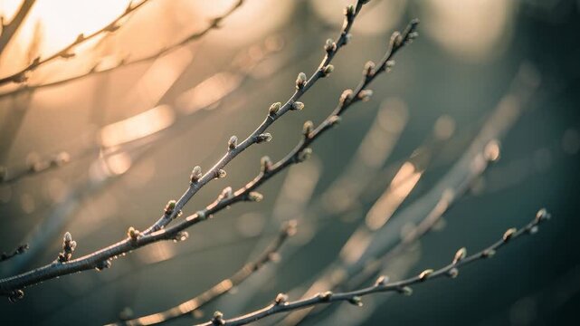 Soft morning light filters through delicate tree branches with tiny budding leaves in peaceful nature scene