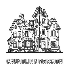 Fototapeta premium Spooky Crumbling Mansion Illustration with Creepy Windows and Decaying Roof.