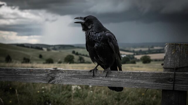 Black raven perched on wooden fence with moody cloudy sky and rural landscape background