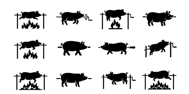 Pig roast silhouette icons, set of 12 spit roasted pork vector elements, barbecue hog roast over open fire, rustic meat grilling graphics