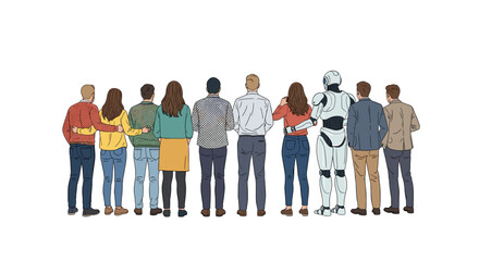 Fototapeta premium Diverse group of men and women standing with robot in line seen from behind representing human and artificial intelligence unity.