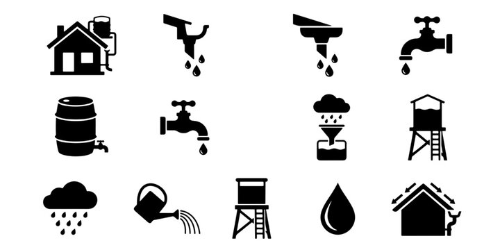 Rainwater harvesting icon set, water conservation and collection system symbols, sustainable plumbing and irrigation vector elements for eco-friendly design