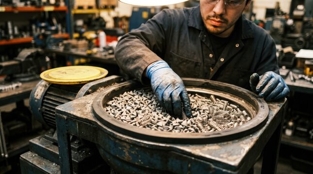 Closeup of a technician using a vibratory finishing machine to deburr and polish tiny springs enhancing their durability and performance with smooth surfaces.