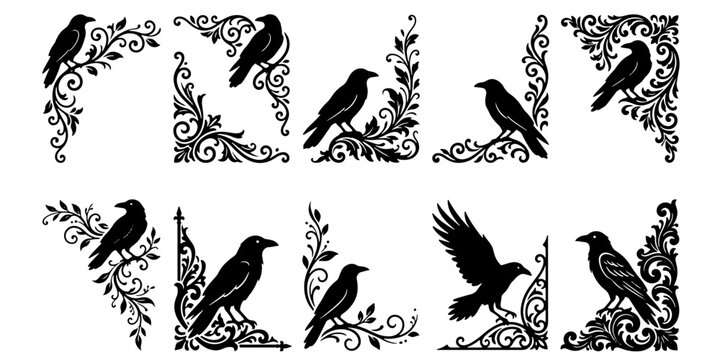 Vintage crow corner borders set, gothic raven silhouettes with floral filigree, 10 black vector bird frames for halloween and wedding stationery